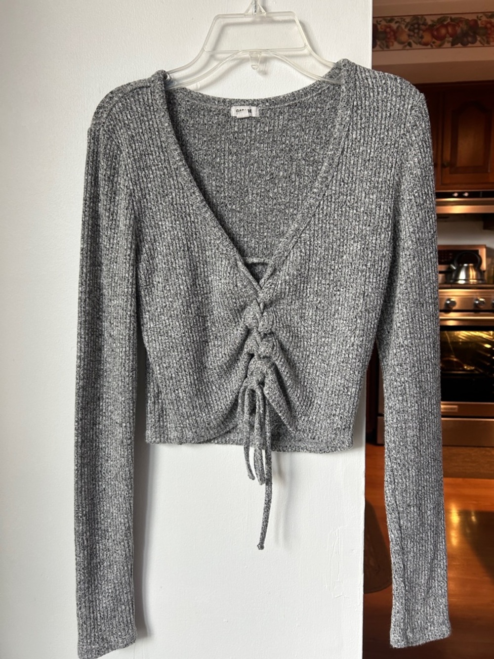 Garage || Gray Ribbed Lace-Up V-Neck Long Sleeve Top